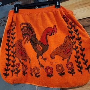 Vintage America Orange Terry Cloth Apron with Rooster, Chickens& Flowers